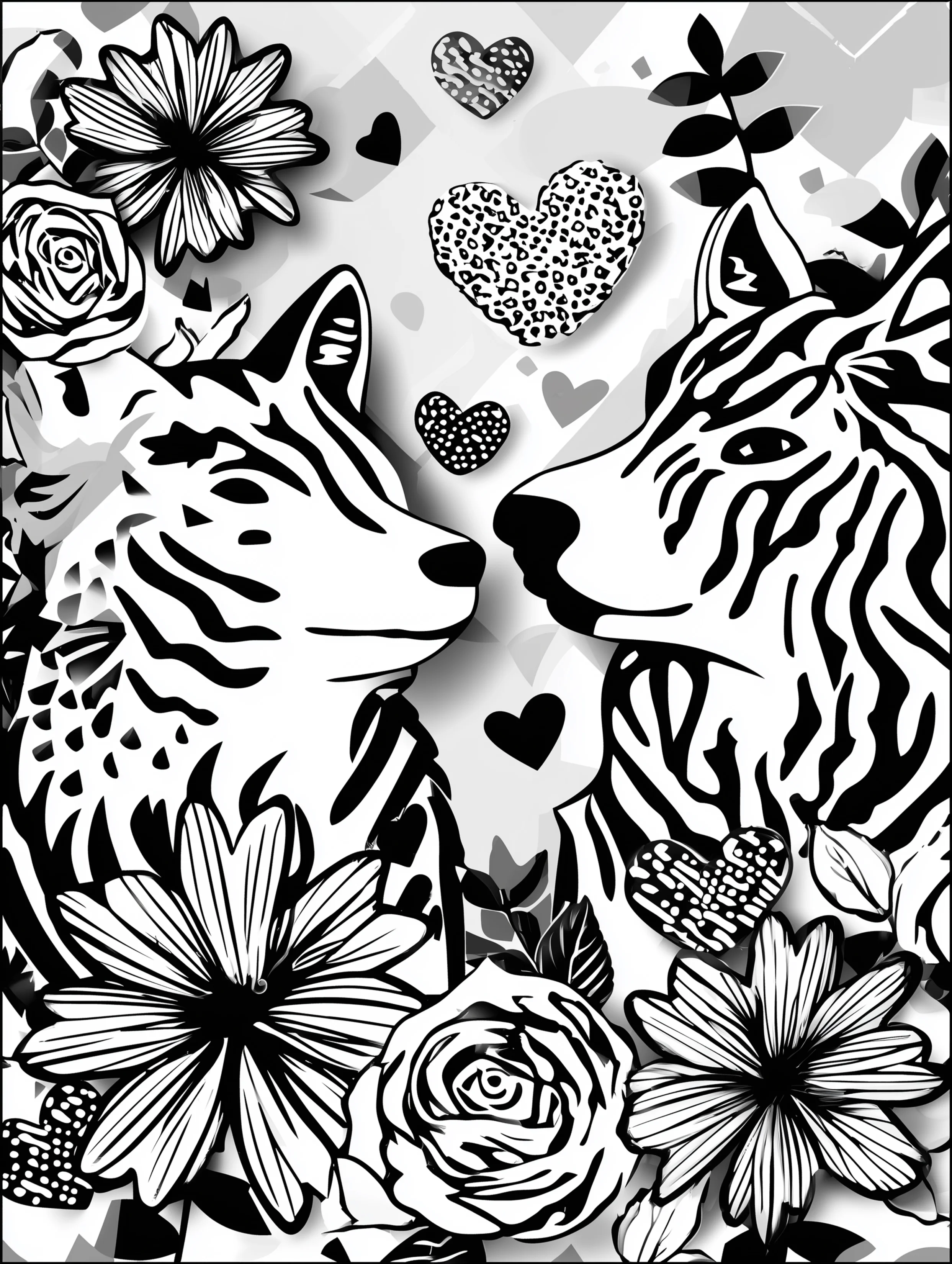 Free printable wolf coloring page for adults featuring two wolves together